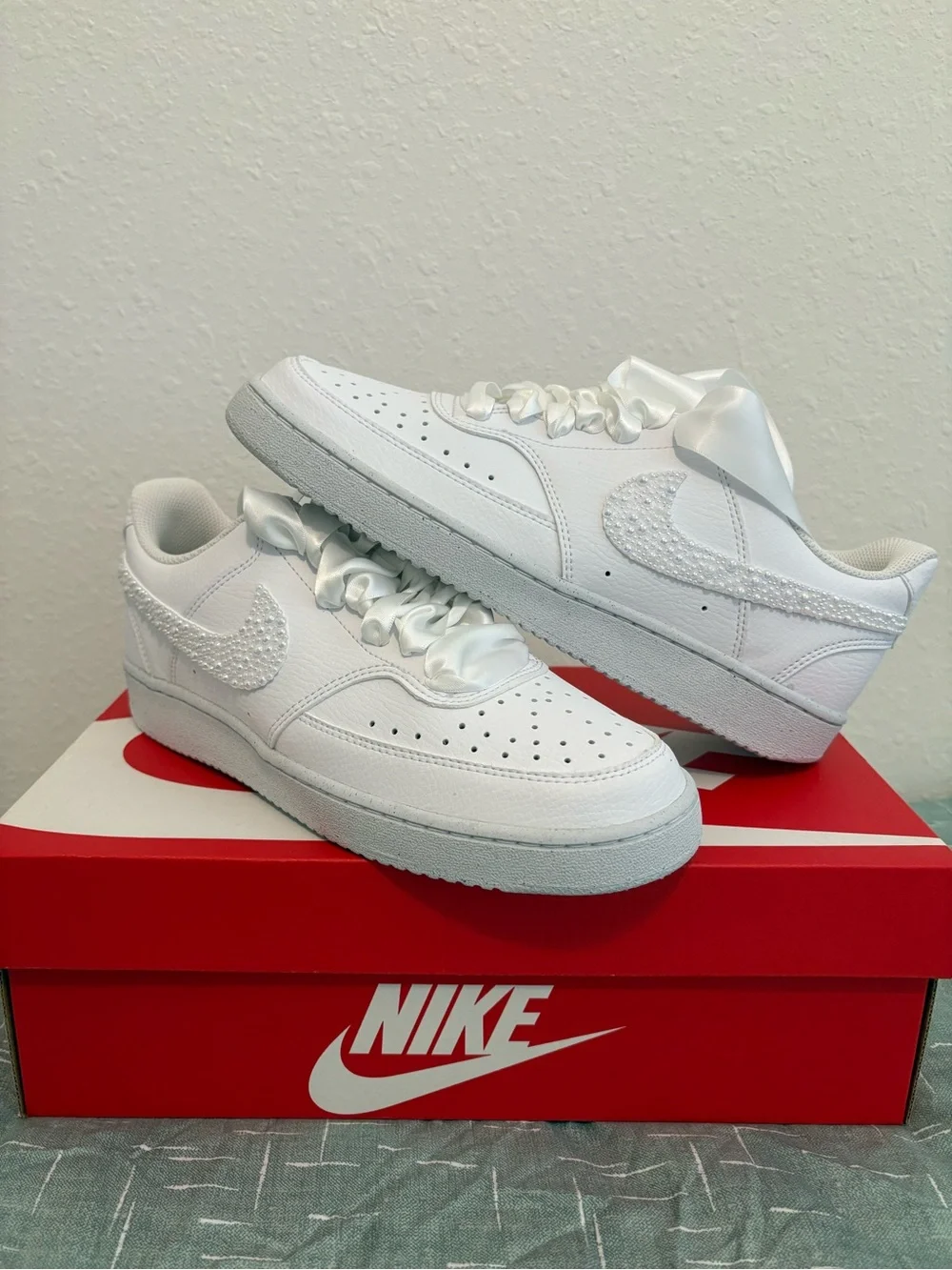 Nike White Low-Top Sneakers with Satin Ribbon Laces